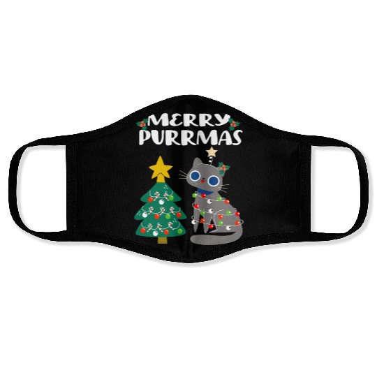 Merry Purrmas - For Christmas Holiday Cat Lovers Face Masks