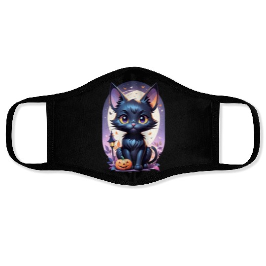 Black Cat With a jack-o-lantern Halloween Design Face Masks