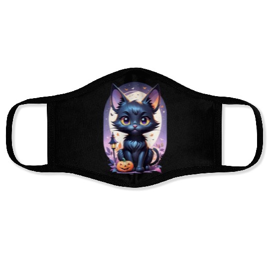 Black Cat With a jack-o-lantern Halloween Design Face Masks