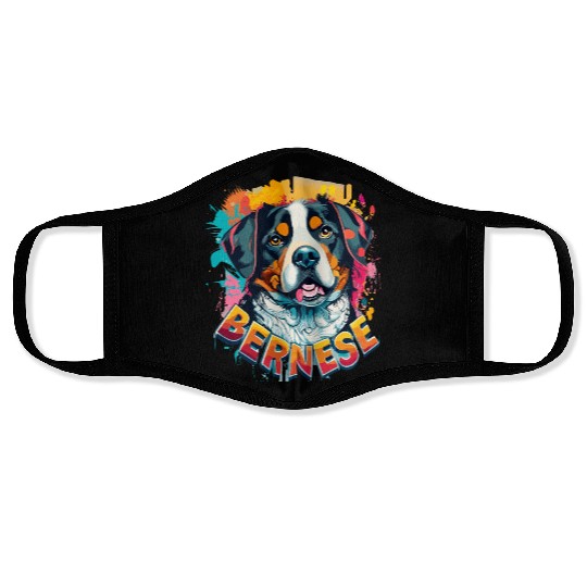 Bernese Mountain Dog Head Vibrant Color Splash Face Masks