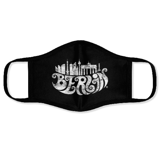 Berlin Skyline + Typography (white) Face Masks