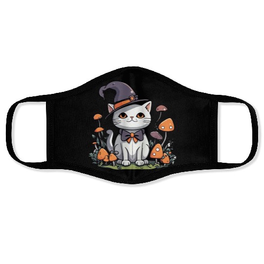 Whimsical Witch Cat with Mushrooms Face Masks
