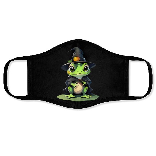 Cute Halloween frog with a witch hat. Face Masks