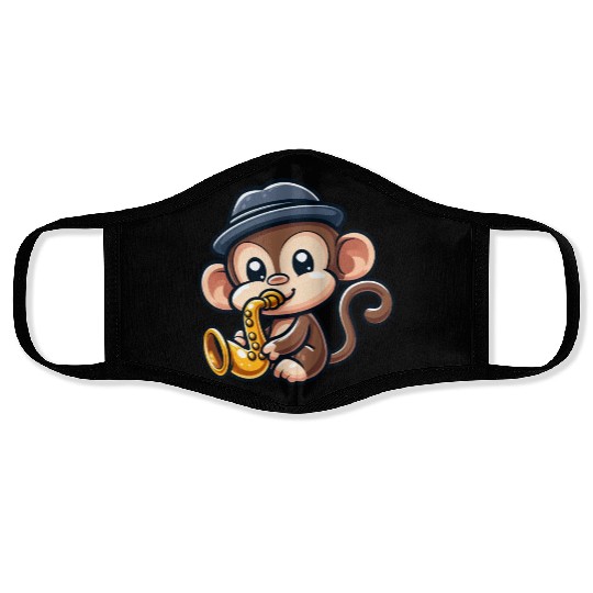 Chimpanzee with saxophone Face Masks