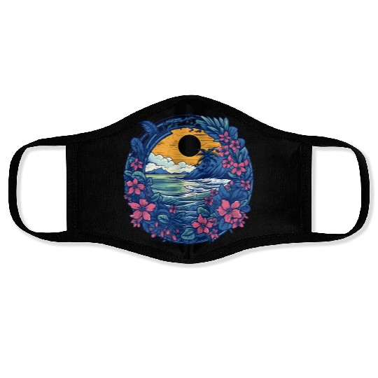 Flower Blossoms By Ocean Surfing Face Masks