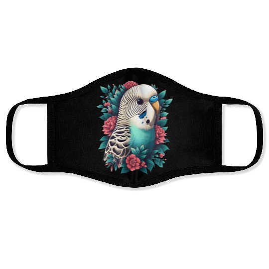 Blue budgie with flowers Face Masks