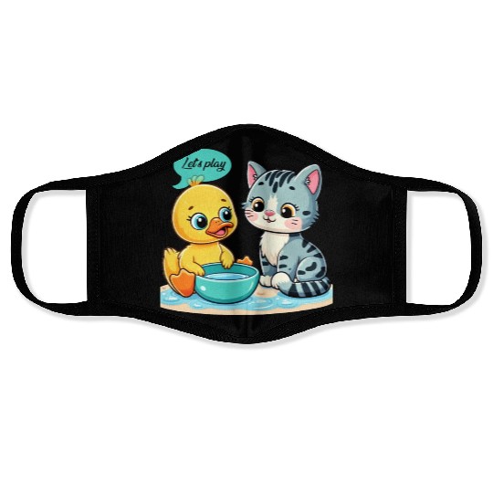 Playful Duck and Kitten Cartoon Design Face Masks
