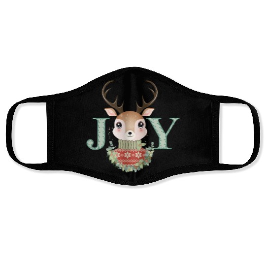 cute deer with sweater and Christmas wreath Face Masks