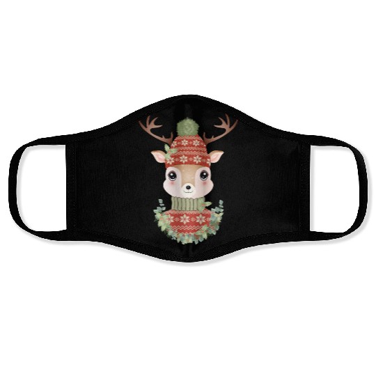 cute deer with sweater and Christmas wreath Face Masks