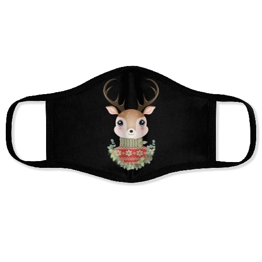 cute deer with sweater and Christmas wreath Face Masks