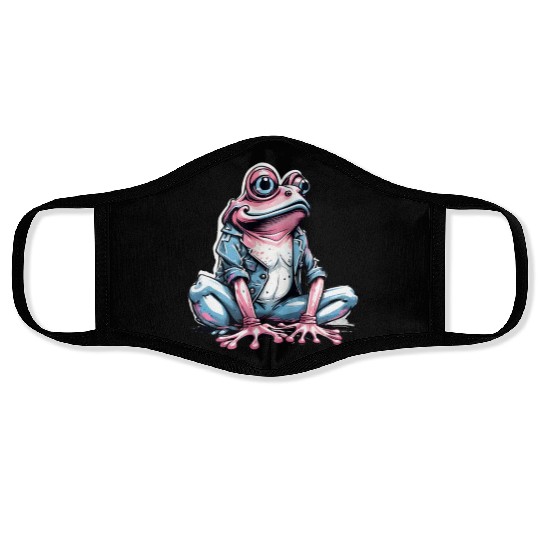 Cute pink frog with denim Face Masks