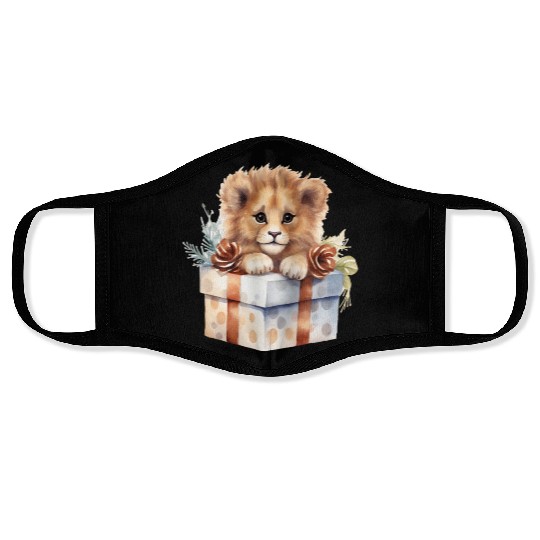 African Lion inside a Christmas gift box Face Masks