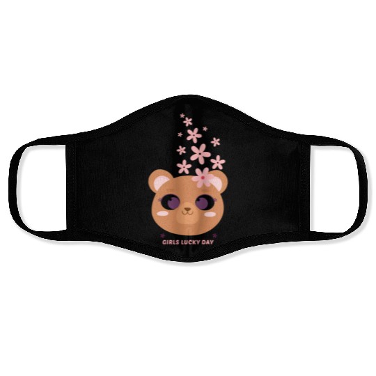 Teddy bear face with flower Face Masks