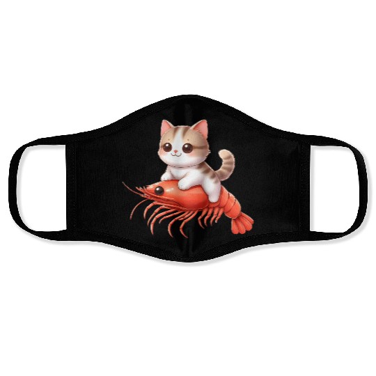 Cat rides on shrimp Face Masks