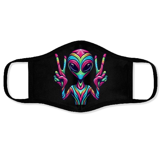 Colourful alien shows peace signs Face Masks