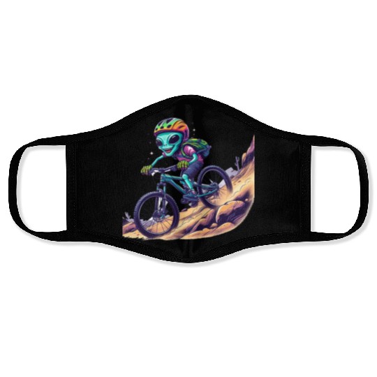 MTB alien race on moountain bike Face Masks