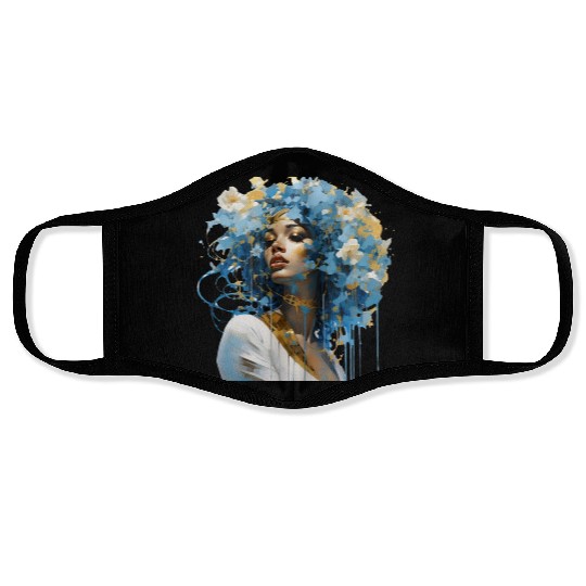 Blue haired floral lady Face Masks