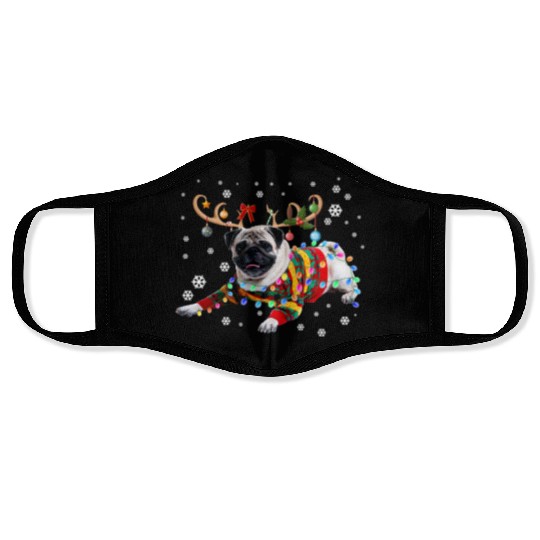 Funny Pug Dog Christmas Reindeer Christmas Lights Face Masks