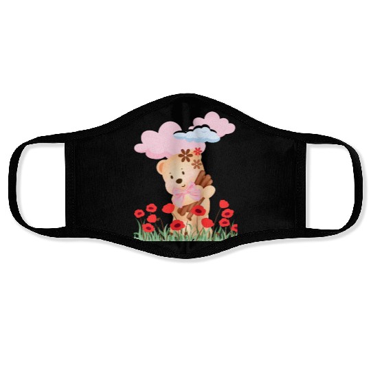 teddy bear and flowers Face Masks