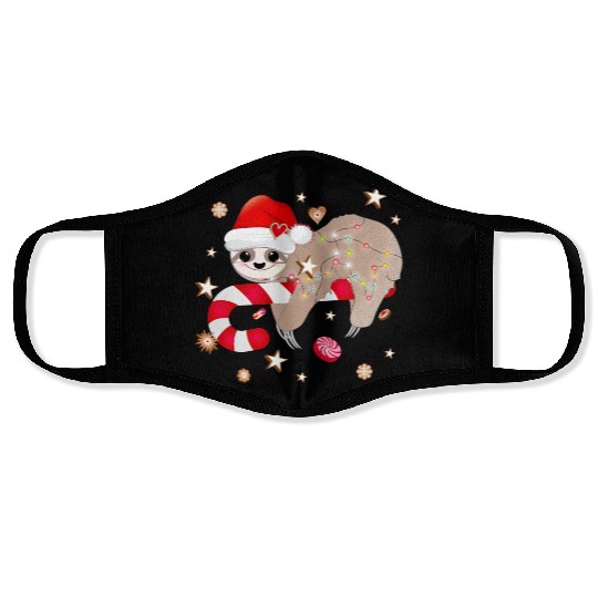 funny sloth with candy cane for Christmas Face Masks