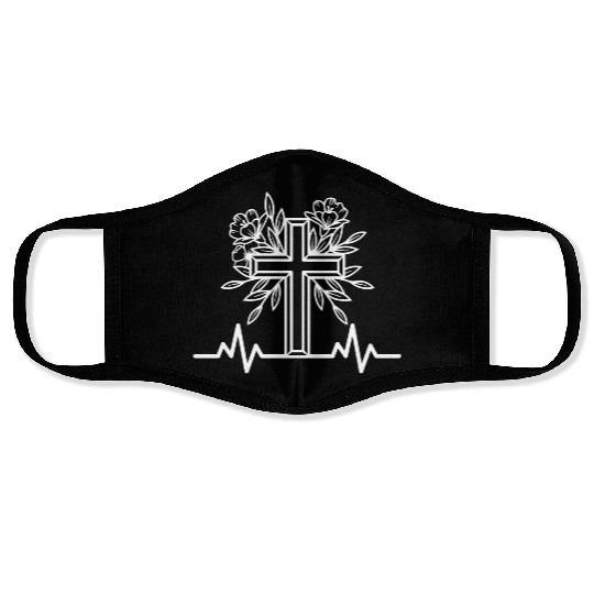 Heartbeat Cross Flowers Christian Motif Face Masks
