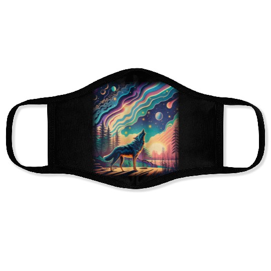 Majestic Wolf Howling At The Eclipse Face Masks