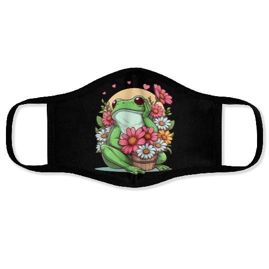 Frog flowers sunset Face Masks