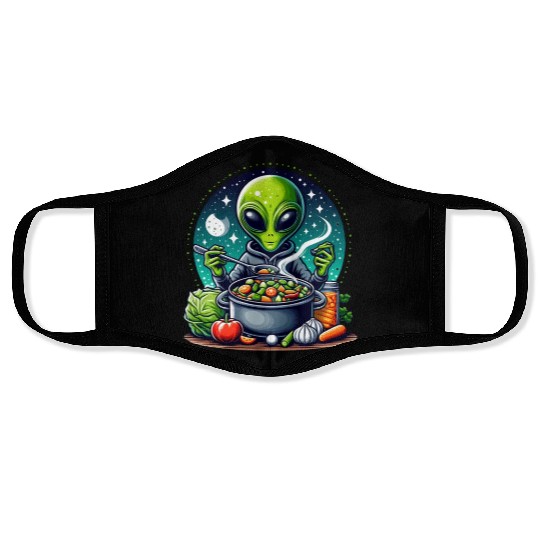 Alien chef cooks vegetable soup Face Masks