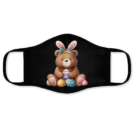Easter bear with bunny ears and easter eggs Face Masks