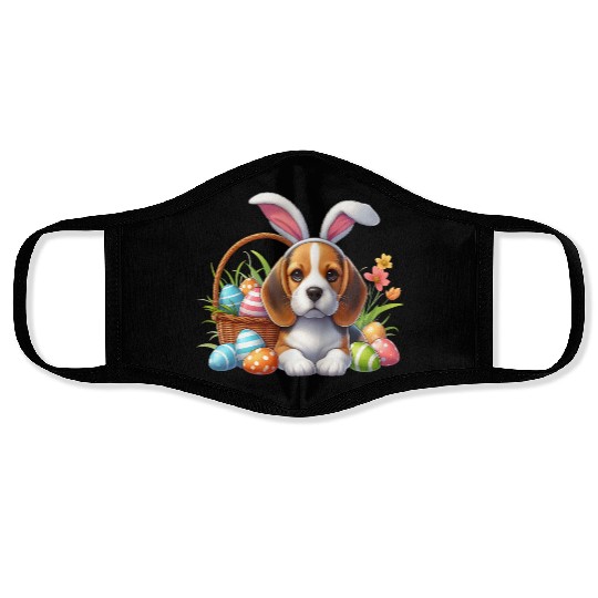 Beagle with bunny ears and easter eggs Face Masks