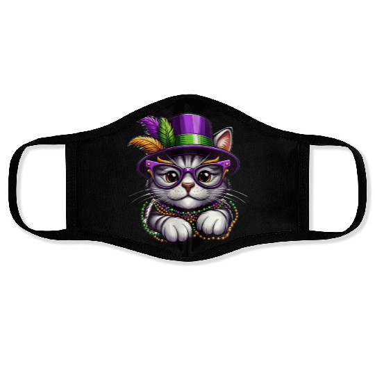 Mardi Gras cat with hat and glasses Face Masks