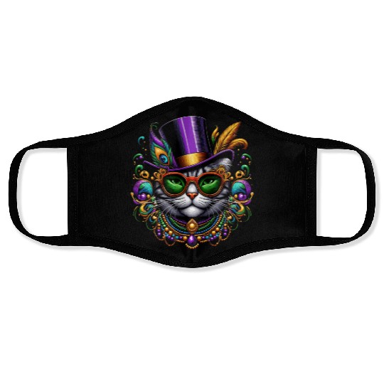Mardi Gras cat with hat and glasses Face Masks