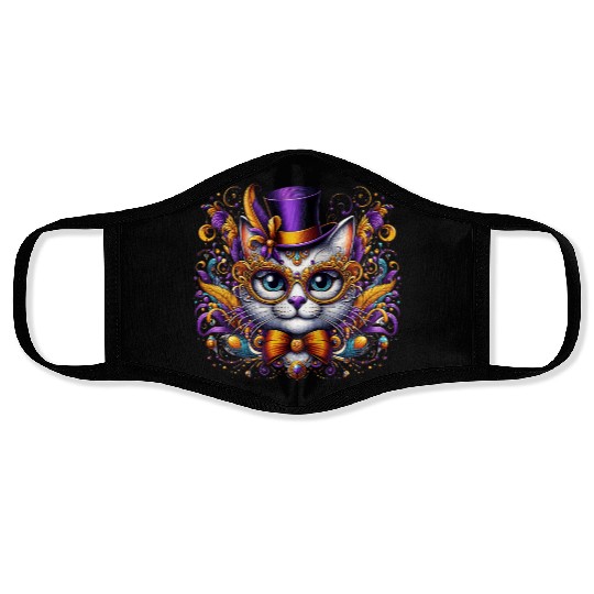 Mardi Gras cat with hat and glasses Face Masks