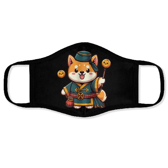 Cute Shiba Inu Magician Green Taoist with Staff Face Masks