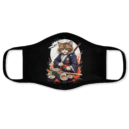 Cat Samurai Sushi Face Masks