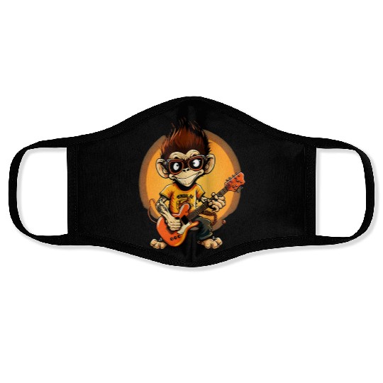 Monkey Chimpanzee Playing Acousitc Rock Guitar Face Masks