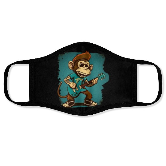 Monkey Chimpanzee Playing Acousitc Rock Guitar Face Masks