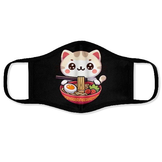 Cute Cat Eating Ramen Face Masks