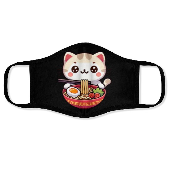 Cute Cat Eating Ramen Face Masks