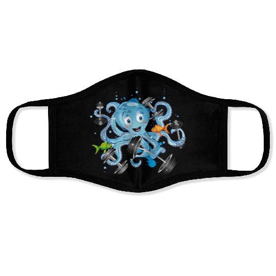 Bodybuilder octopus with dumbbells training Face Masks