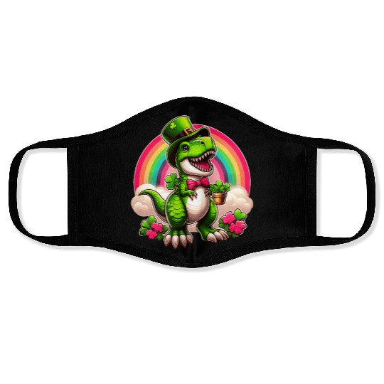 T- Rex Happy St Patricks Day Irish Rainbow Shamro Face Masks