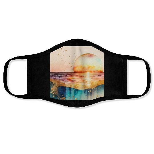 Sunset Beach Watercolor Painting Face Masks