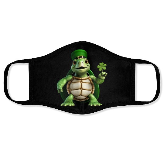 Green turtle celebrating St. Patrick's Day. Face Masks