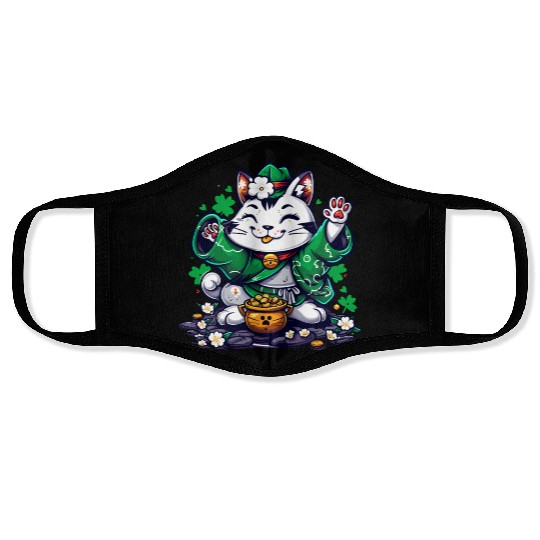 Kawaii St Patricks Day Cat With a Pot Of Gold Face Masks