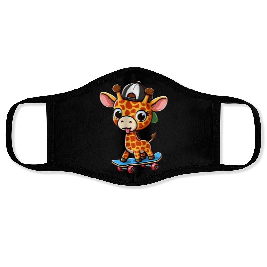 Cheeky Skater Giraffe on Skateboard Face Masks