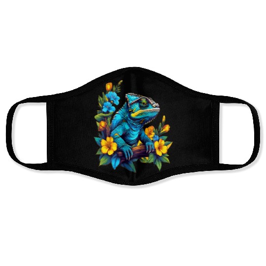 Chameleon Sitting on Branch Surrounded by Flowers Face Masks