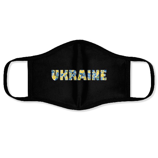 Folk art lettering Ukraine in national flag colors Face Masks