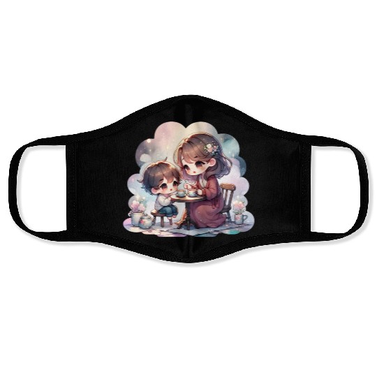 Mother and Son Enjoying a Cozy Tea Party Face Masks