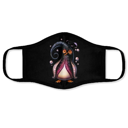 Surreal Swirls: Quirky Penguin in a Magical World Face Masks