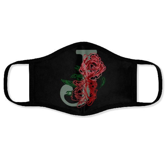 Capital letter J monogram and contour rose flowers Face Masks